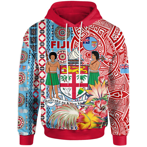 Fiji Polynesian Hoodie - Custom Fiji Coat of Arms With Tapa Patterns And Tribal Hibiscus Hoodie
