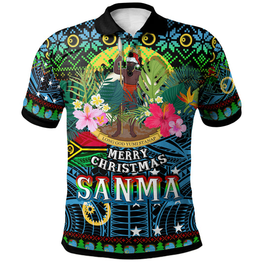 Sanma Polynesian Christmas Polo Shirt - Custom Sanma Vanuatu Coat of Arms Christmas Hat Polynesian Patterns Polo Shirt