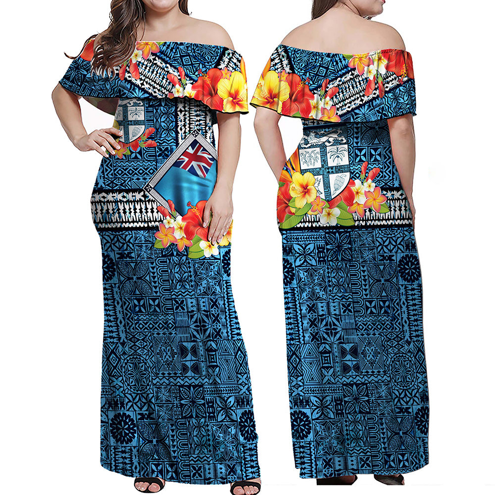 Fiji Combo Off Shoulder Long Dress And Shirt Bula Fiji Masi Tropical Flowers Special Design