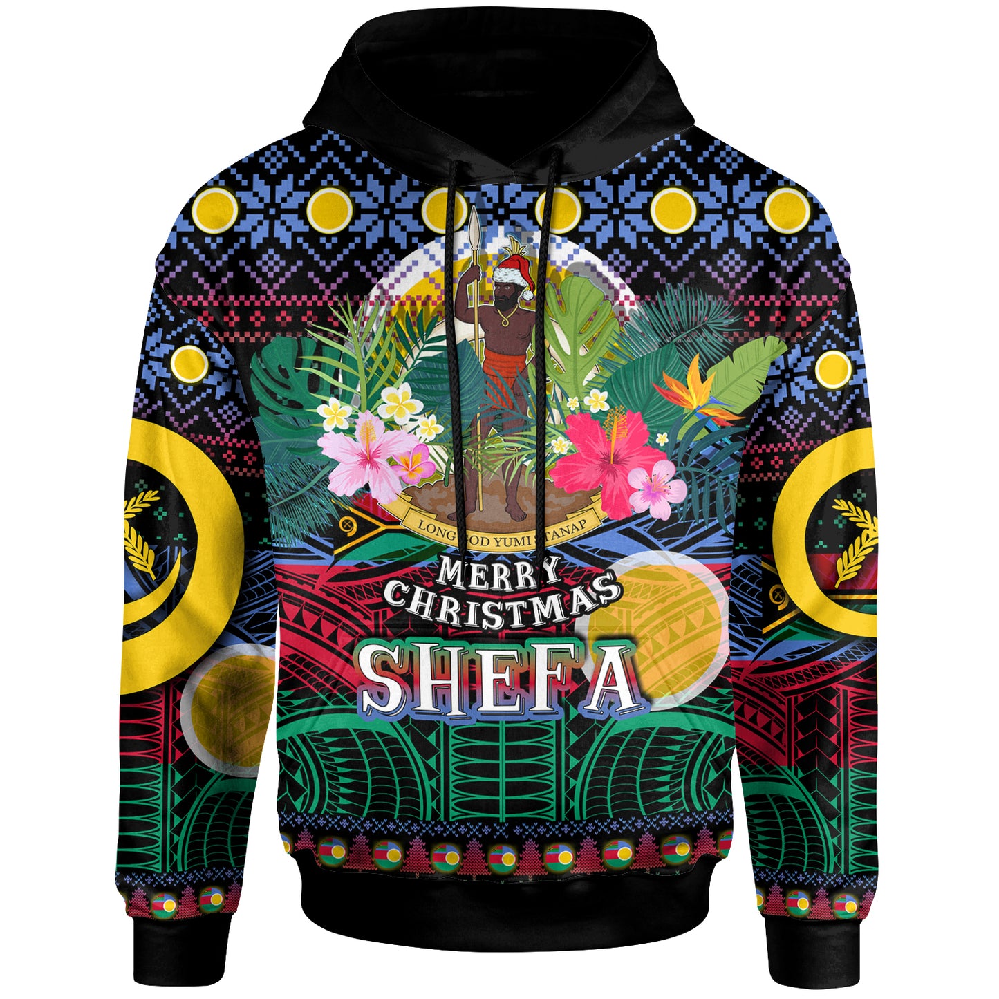 Shefa Polynesian Christmas Hoodie - Custom Shefa Vanuatu Coat of Arms Christmas Hat Polynesian Patterns Hoodie