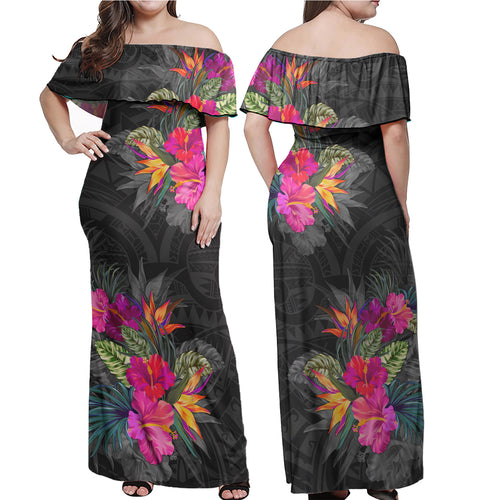Polynesian Off Shoulder Long Dress Polynesian Tribal Tropical Flowers Special