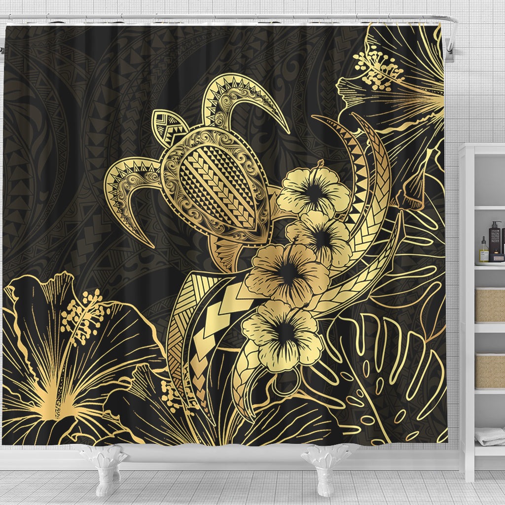 Hawaii Shower Curtain Tribal Polynesia Floral Gold Art