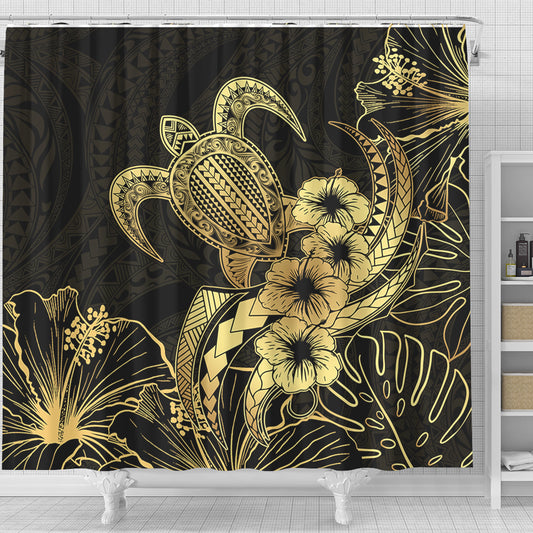 Hawaii Shower Curtain Tribal Polynesia Floral Gold Art