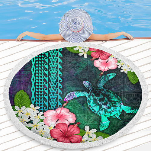 Hawaii Beach Blanket Sea Turtle Abstract Background With Tropical Flowers Hibiscus And Plumeria