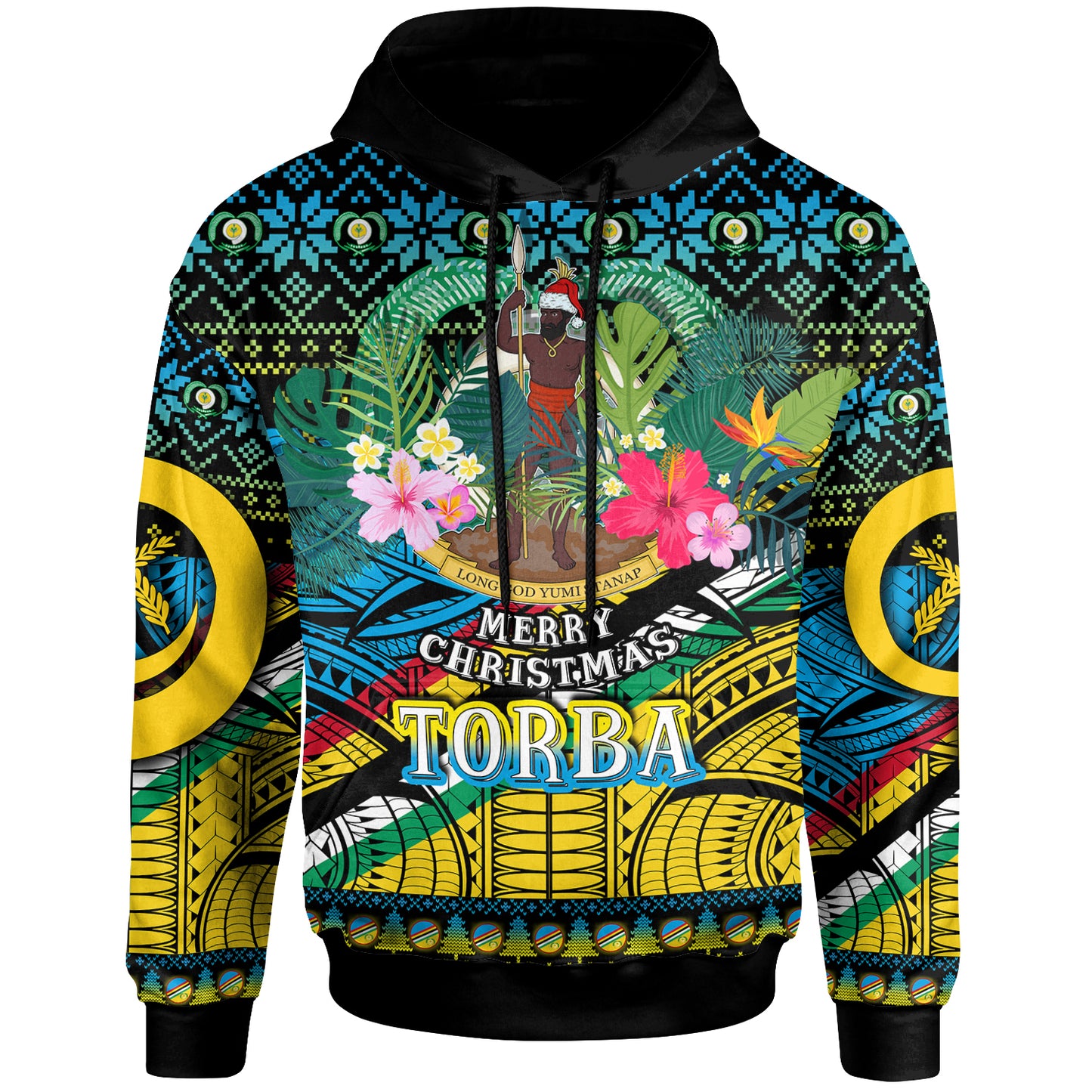 Torba Polynesian Christmas Hoodie - Custom Torba Vanuatu Coat of Arms Christmas Hat Polynesian Patterns Hoodie