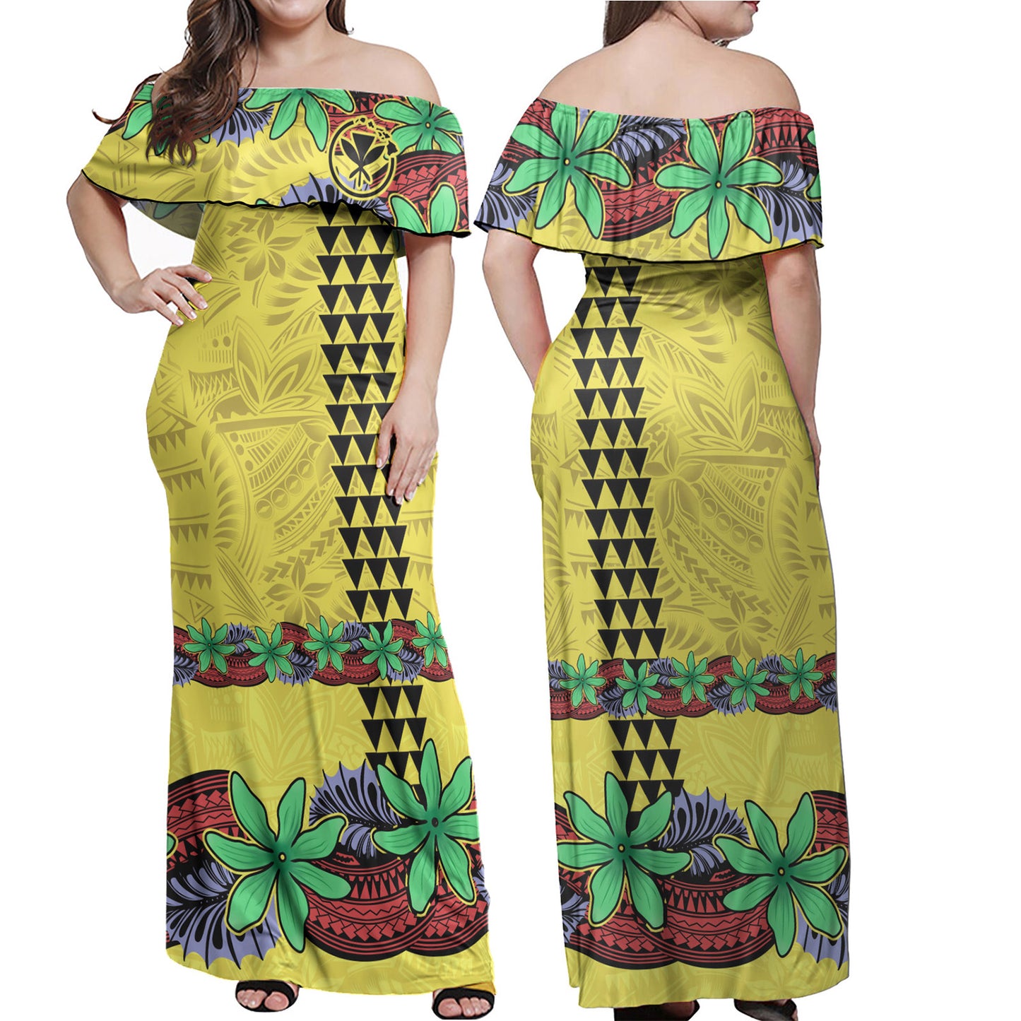 Hawaii Combo Off Shoulder Long Dress And Shirt Kanaka Maoli Map Seal Tropical Flowers Yellow Color