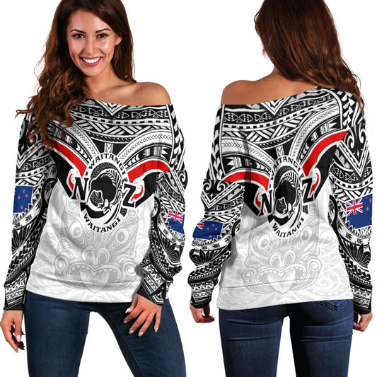 New Zealand Waitangi Day Off Shoulder Sweatshirt - New Zealand Kiwi Fern With Maori Koru Spiral White