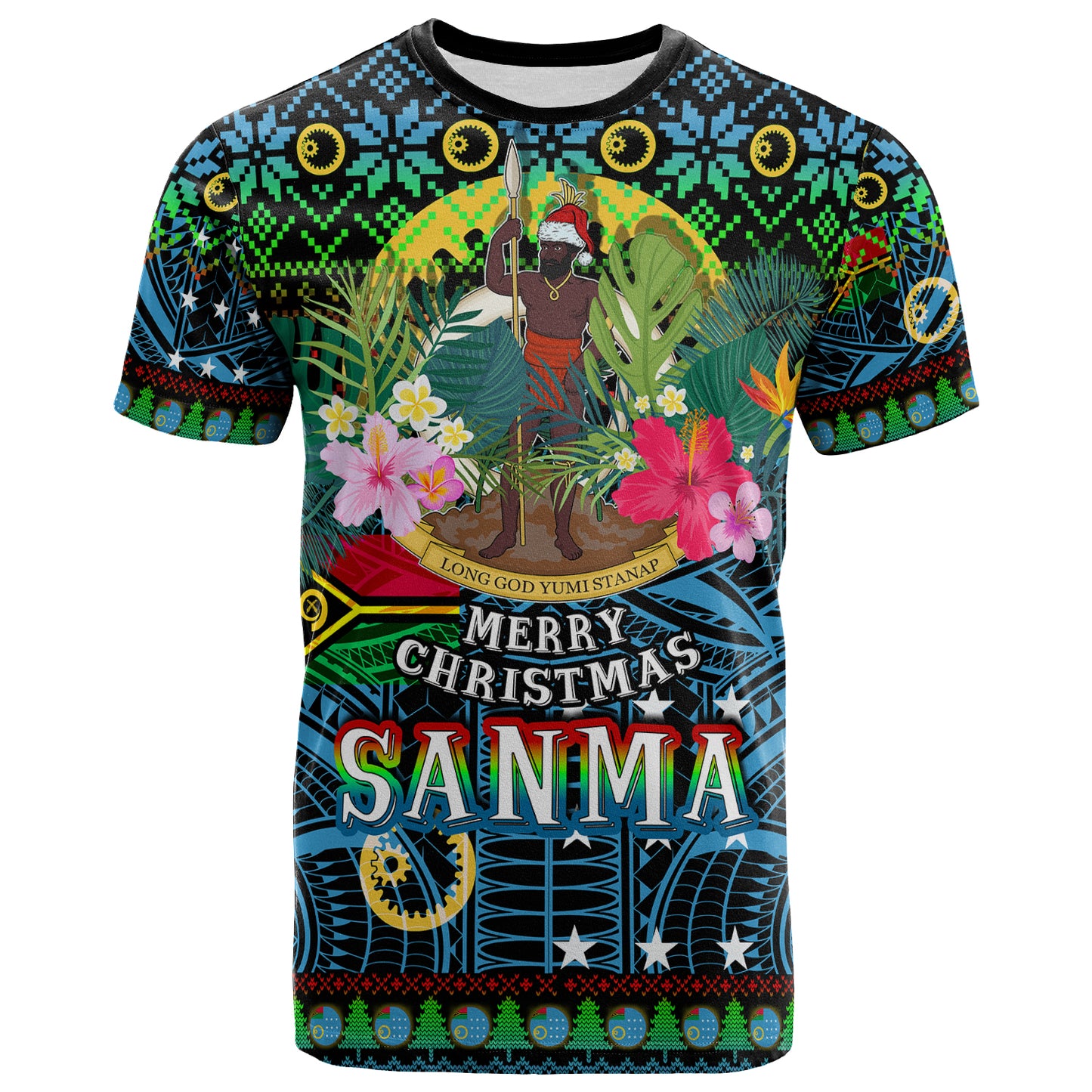 Sanma Polynesian Christmas T-Shirt - Custom Sanma Vanuatu Coat of Arms Christmas Hat Polynesian Patterns T-Shirt