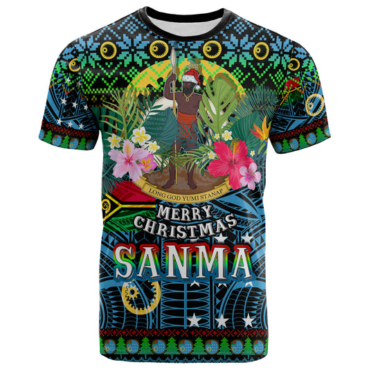 Sanma Polynesian Christmas T-Shirt - Custom Sanma Vanuatu Coat of Arms Christmas Hat Polynesian Patterns T-Shirt