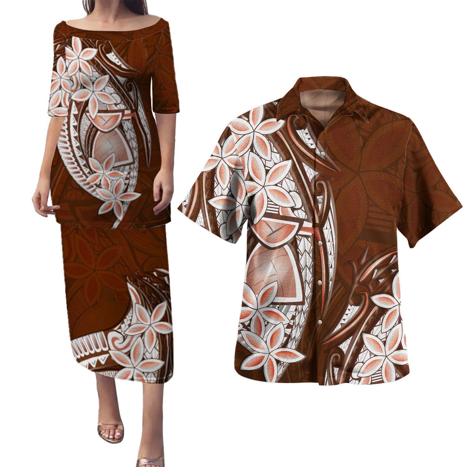 Guam Combo Puletasi And Shirt Latte Stone Plumeria Flowers