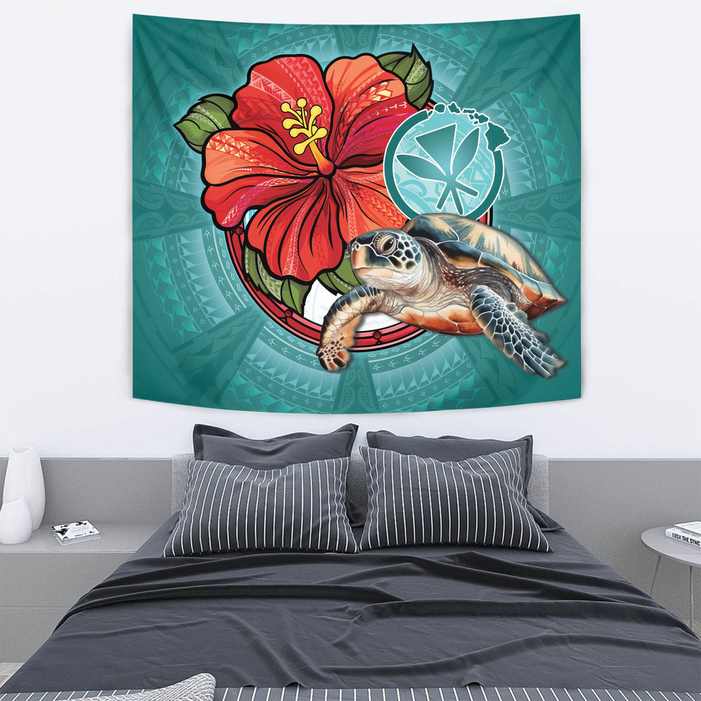 Hawaii Tapestry Hawaiian Map Turtle Hibiscus Flowers Polynesian Patterns Style