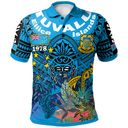 Tuvalu Ellice Islands Polynesian Polo Shirt - Custom Tuvalu Coat Of Arms With Tropical Flowers And Hei Matau 1978 Polo Shirt