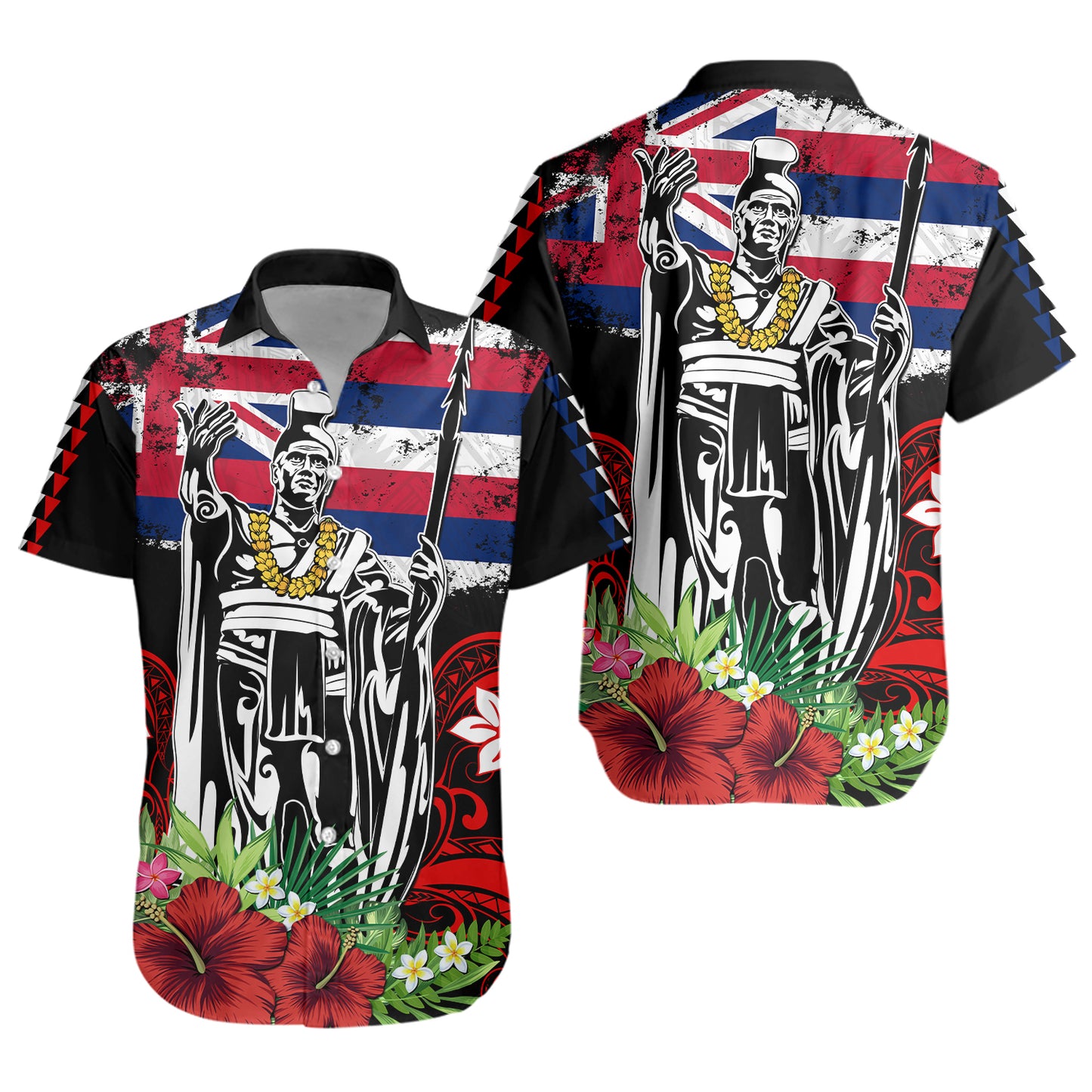 Hawaii Short Sleeve Shirt King Kamehameha I Tribal Flag Tropical Style