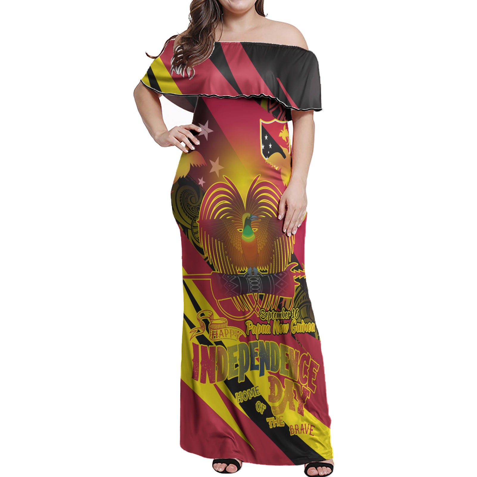 PNG Woman Off Shoulder Long Dress - Custom PNG Independence Day With National Emblem Polynesian Pride
