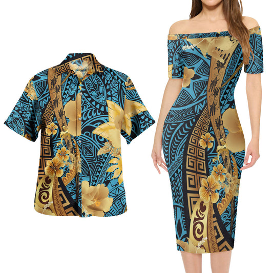 Polynesian Tribal Patterns Hibiscus Flowers Golden Color Short Sleeve Dress And Shirt