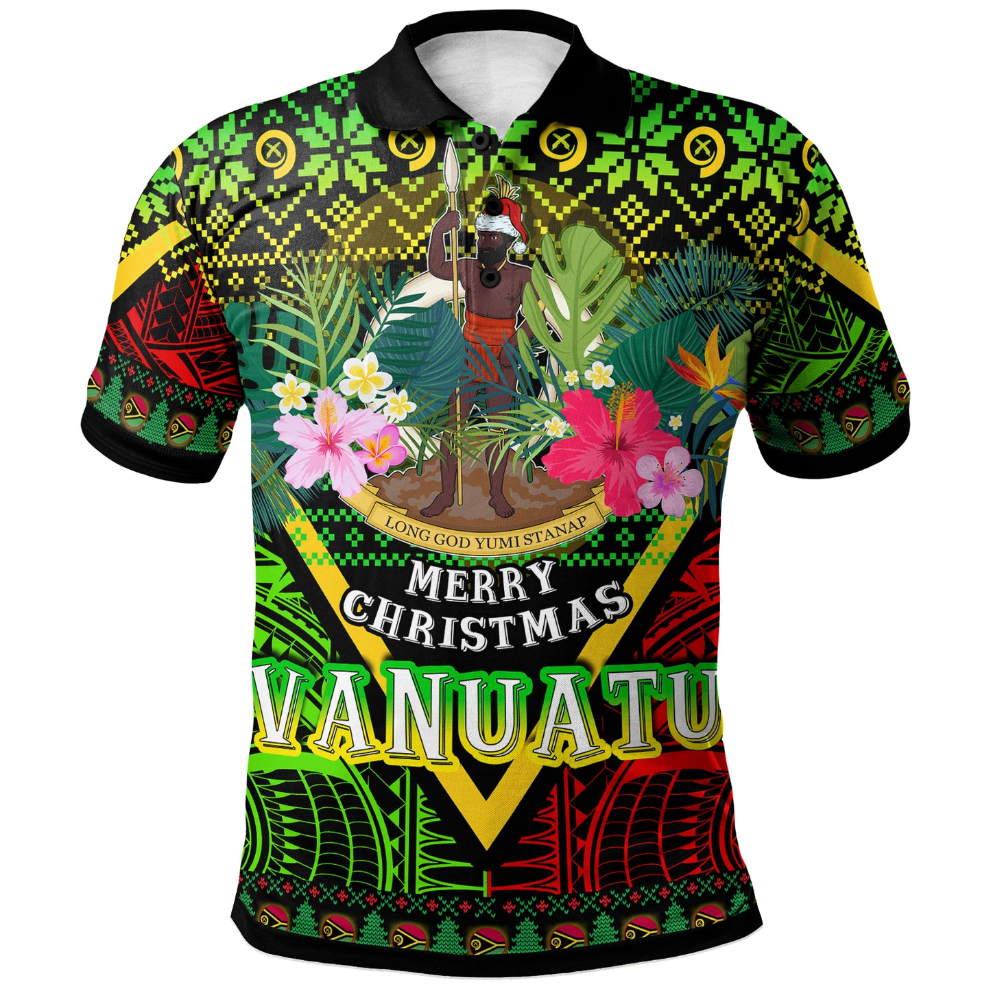 Vanuatu Polynesian Christmas Polo Shirt - Custom Vanuatu Coat of Arms Christmas Hat Polynesian Patterns Polo Shirt
