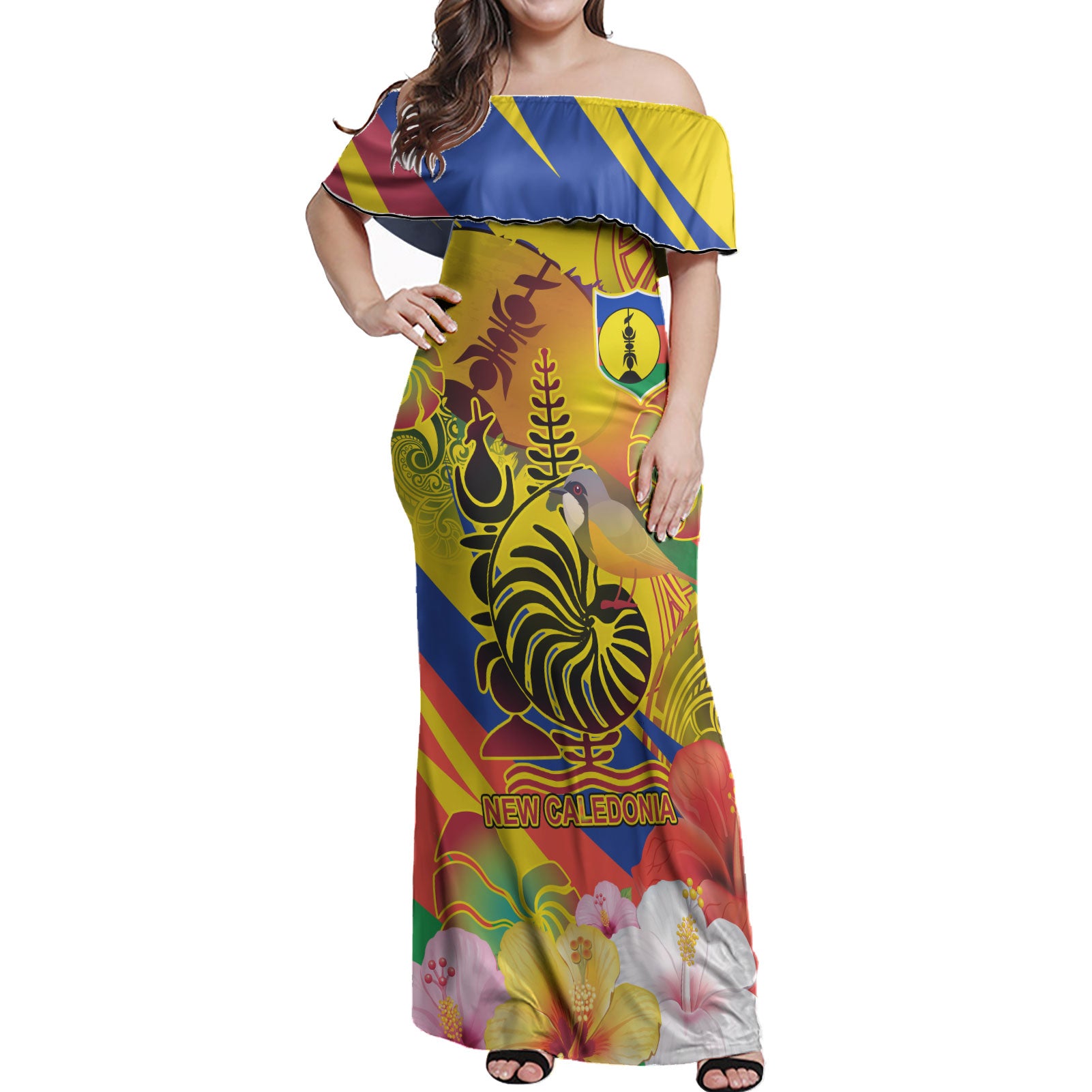New Caledonia Woman Off Shoulder Long Dress - Custom Emblem of New Caledonia with Rufous whistler And Hibiscus