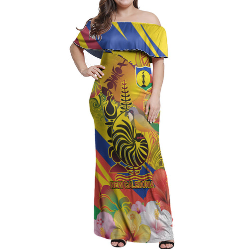 New Caledonia Woman Off Shoulder Long Dress - Custom Emblem of New Caledonia with Rufous whistler And Hibiscus