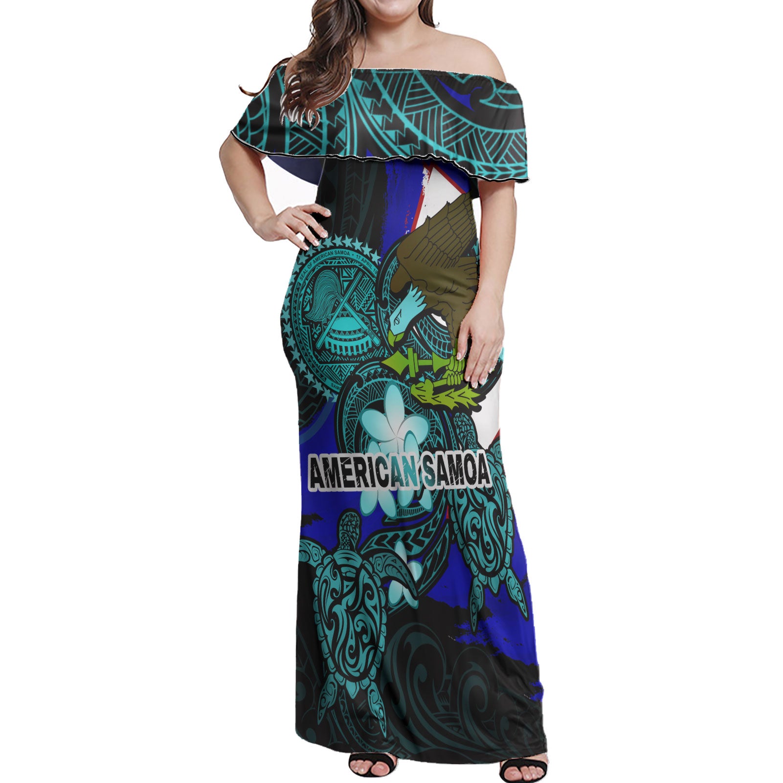 American Samoa Woman Off Shoulder Long Dress - American Samoa Bald Eagle And Polynesian Patterns