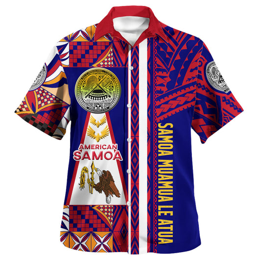 American Samoa Polynesian Hawaiian Shirt - Custom Samoa Muamua Le Atua With Seal And Mamanu Siapo Patterns
