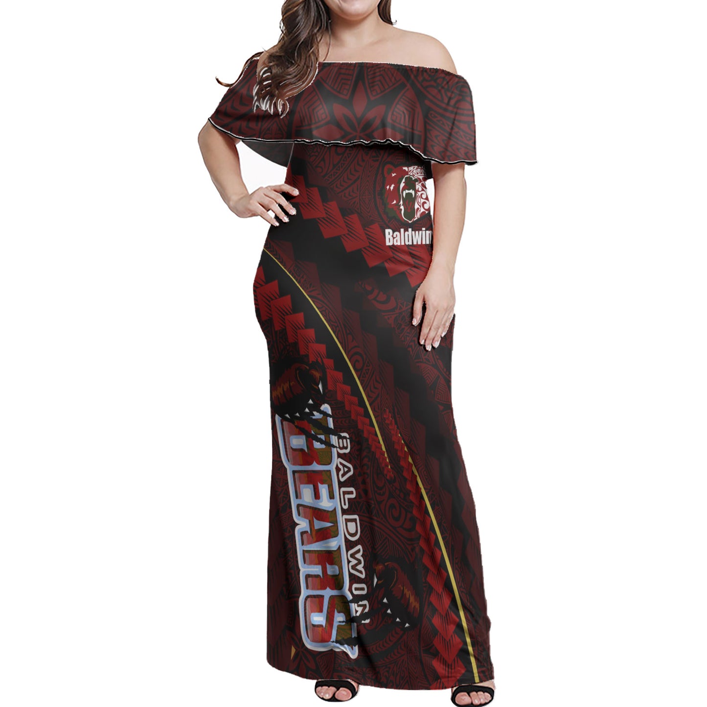 Baldwin High School Woman Off Shoulder Long Dress - Custom Baldwin Super Bears Polynesian Tribal Pattern Scratch Style