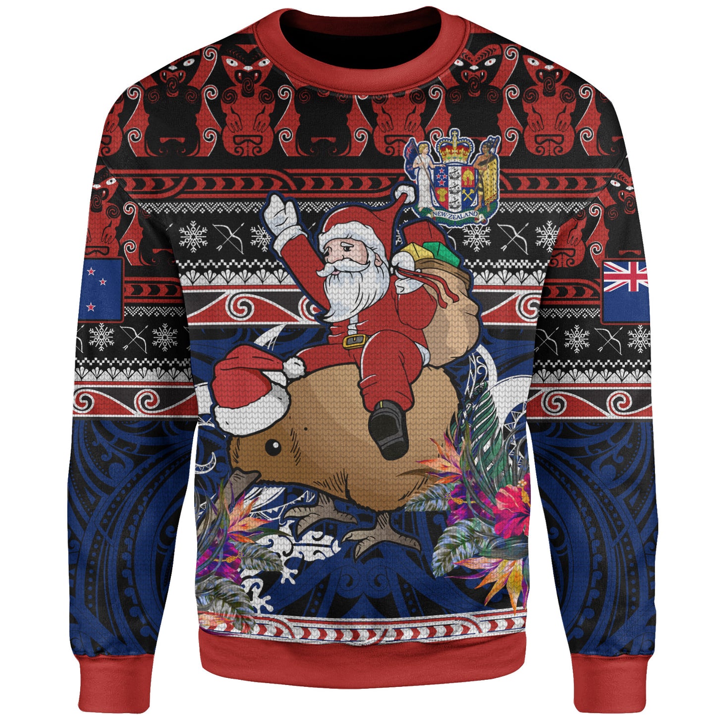 New Zealand Sweatshirt Santa Riding Kiwi Bird Meri Kirihimete Ugly Christmas Maori Patterns