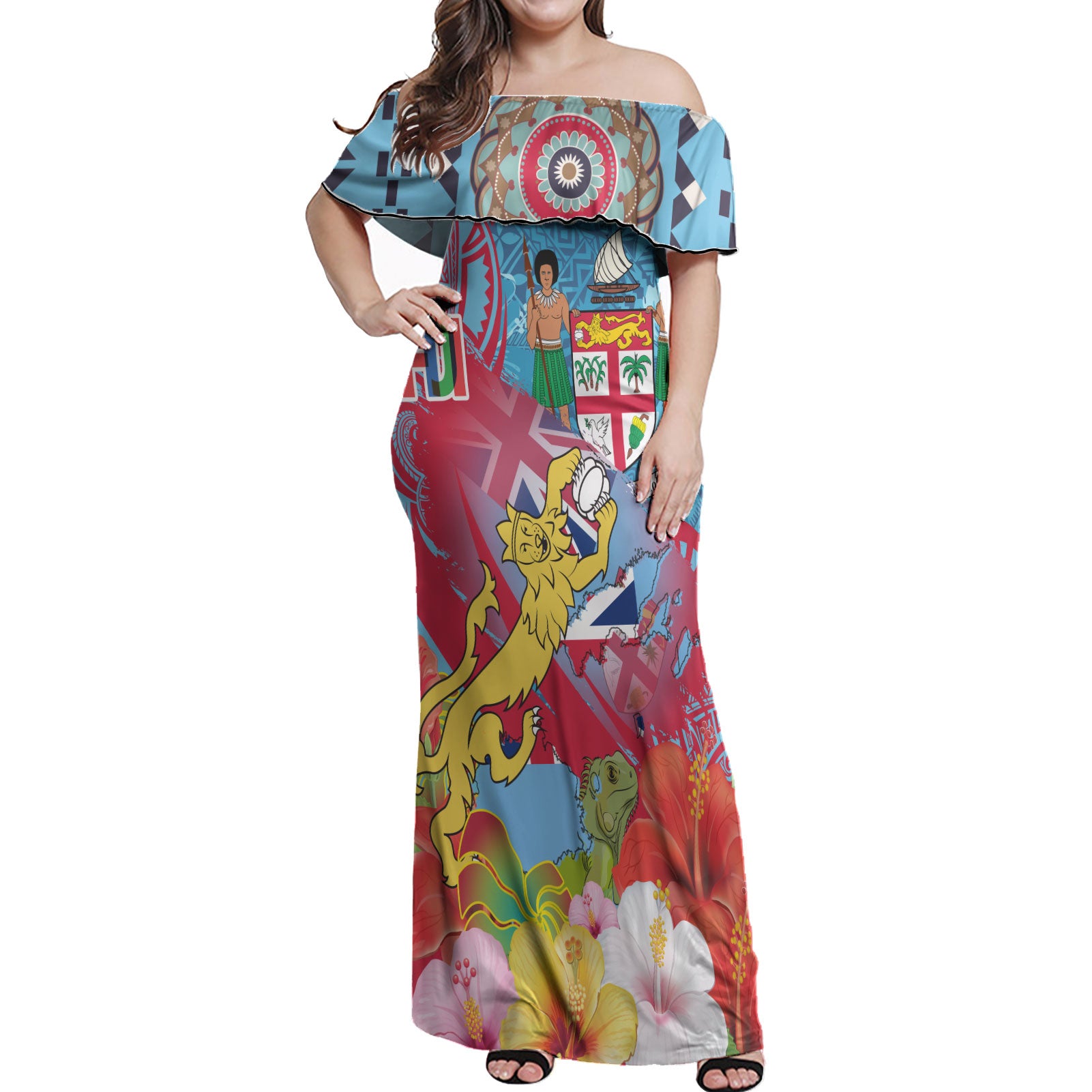 Fiji Woman Off Shoulder Long Dress - Custom Fiji Lion With Tapa Patterns And Polynesian Hibiscus