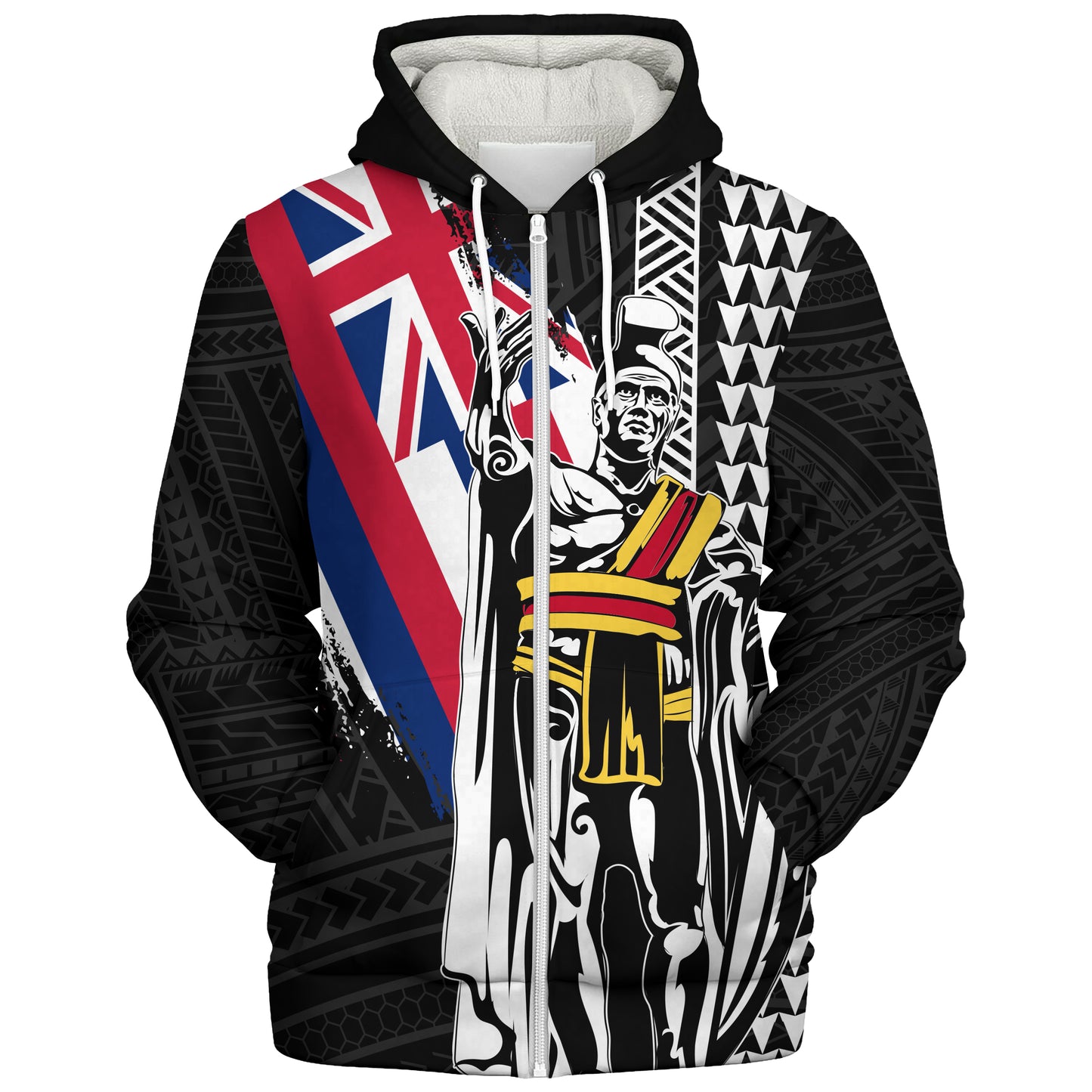 Hawaii Sherpa Hoodie King Kamehameha I Kakau Flag Grunge