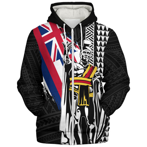 Hawaii Sherpa Hoodie King Kamehameha I Kakau Flag Grunge