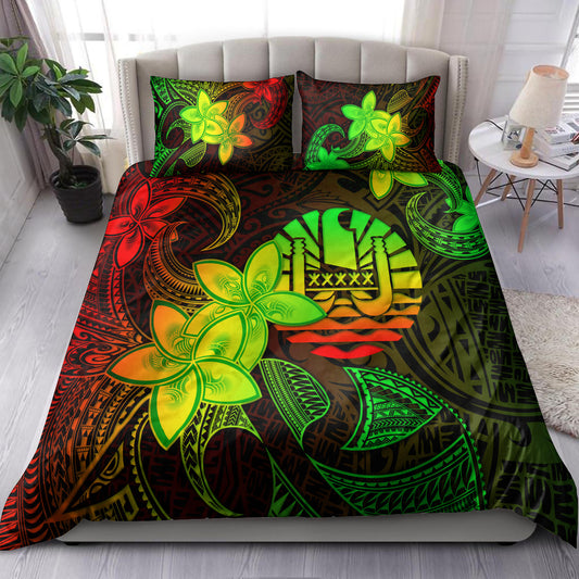 Tahiti Bedding Set Plumeria Flowers Vintage Style Reggae Colors