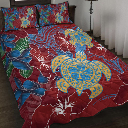 Hawaii Quilt Bed Set Polynesian Cultures Turtle Couple Tropical Flowers Red Color