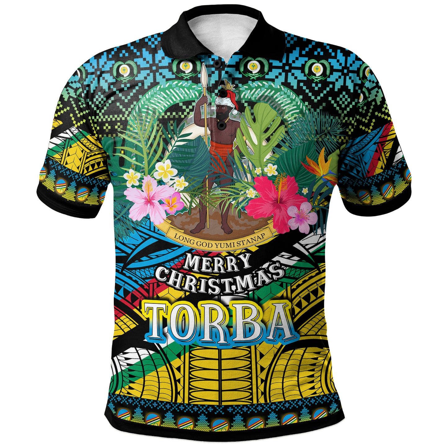 Torba Polynesian Christmas Polo Shirt - Custom Torba Vanuatu Coat of Arms Christmas Hat Polynesian Patterns Polo Shirt