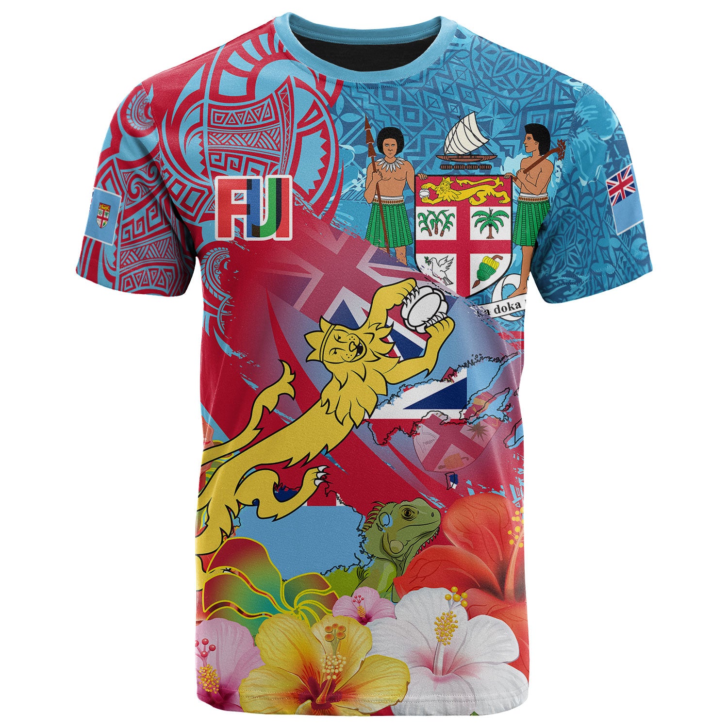 Fiji Polynesian T-shirt - Custom Fiji Lion With Tapa Patterns And Polynesian Hibiscus T-shirt