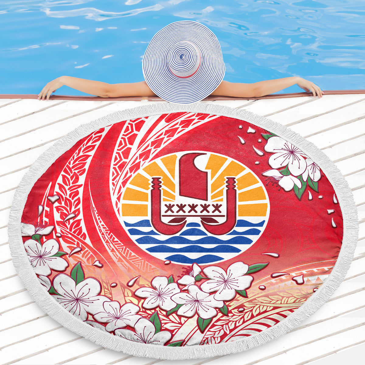 Tahiti Beach Blanket Polynesian Pattern Style White Flowers