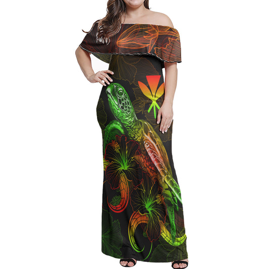 Hawaii Woman Off Shoulder Long Dress - Turtle With Blooming Hibiscus reggae
