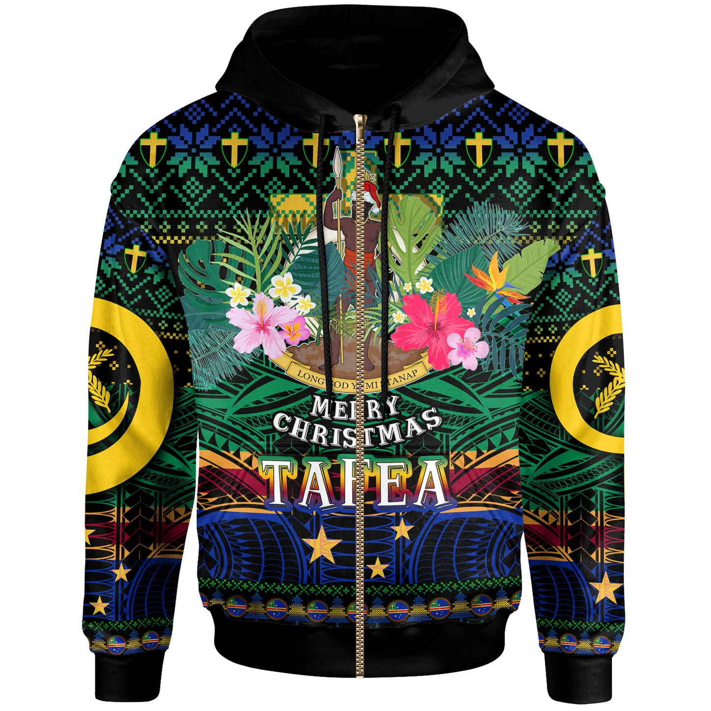 Tafea Polynesian Christmas Hoodie - Custom Tafea Vanuatu Coat of Arms Christmas Hat Polynesian Patterns Hoodie