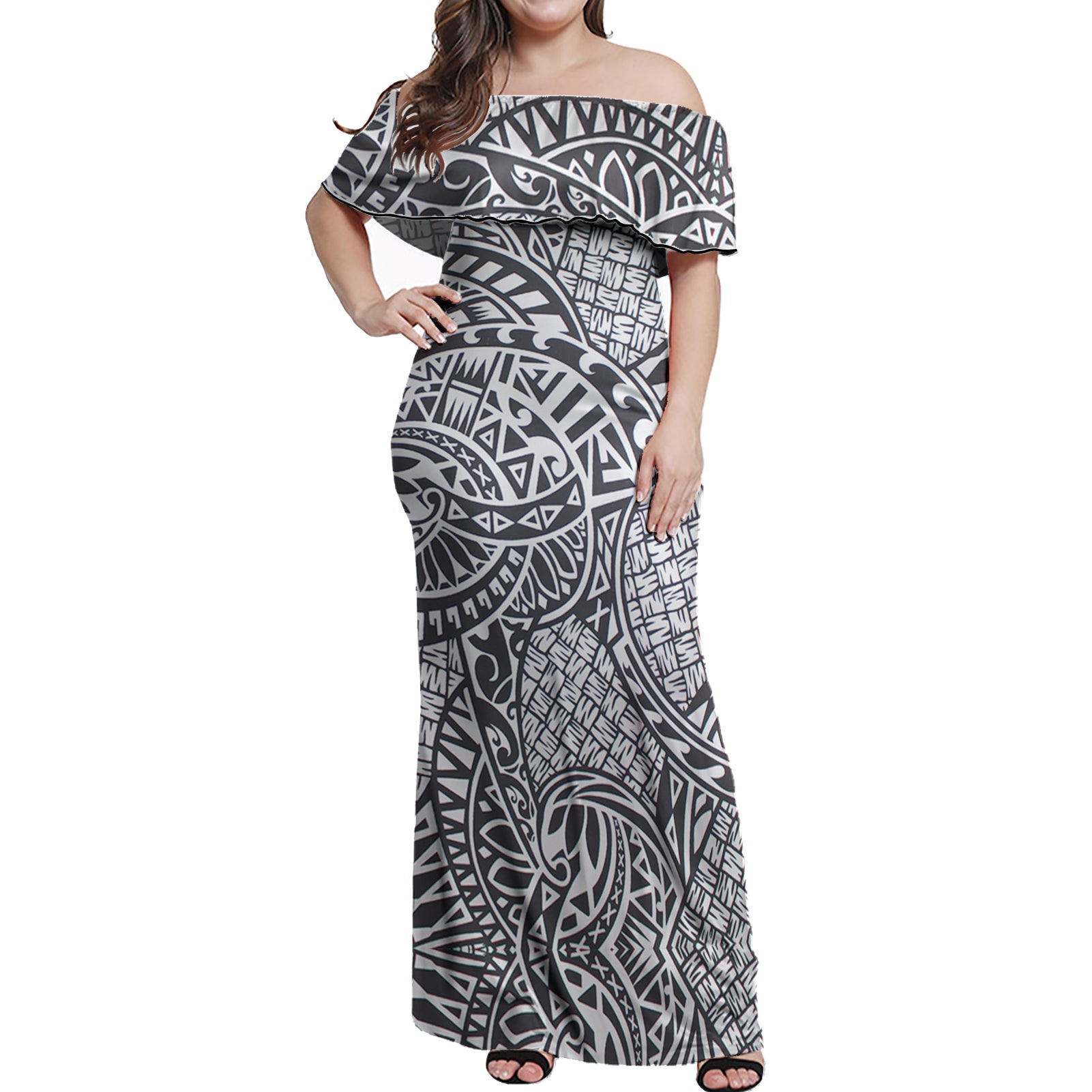 Polynesian Woman Off Shoulder Long Dress - Polynesian Pattern 25