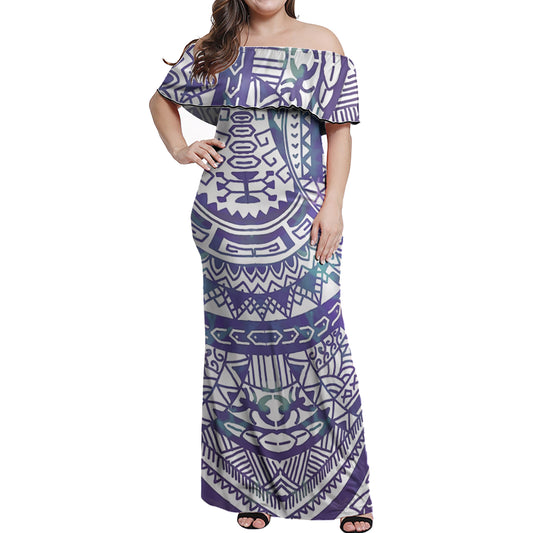 Polynesian Woman Off Shoulder Long Dress - Polynesian Pattern 27