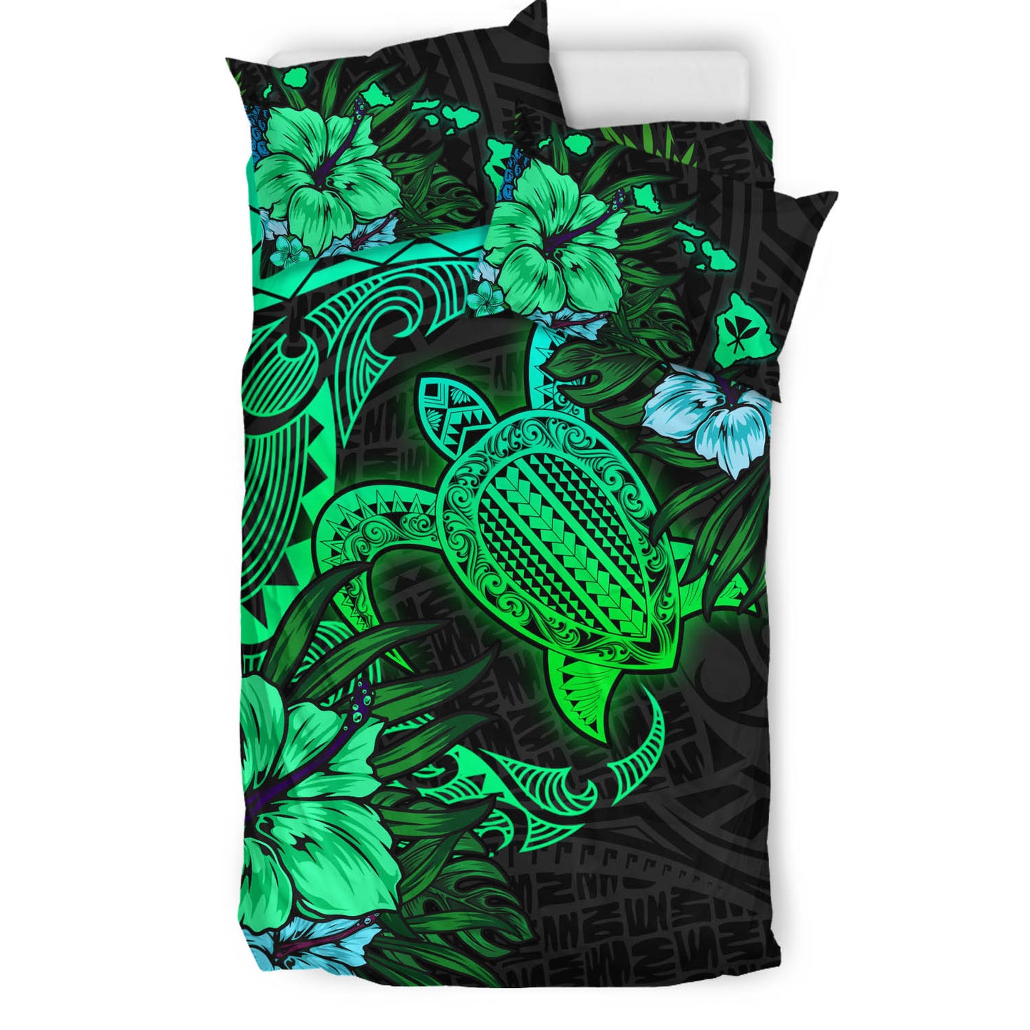 Hawaii Bedding Set - Hawaii Polynesian Turtle Tropical Gardient Green Bedding Set