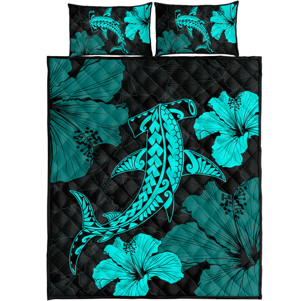 Hawaii Quilt Bed Set Hammerhead Shark Hibiscus Flower