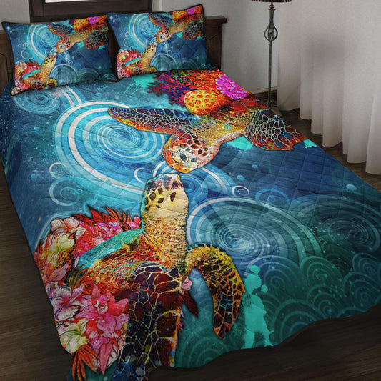 Hawaii Quilt Bed Set Turtle Kiss Ocean Galaxy