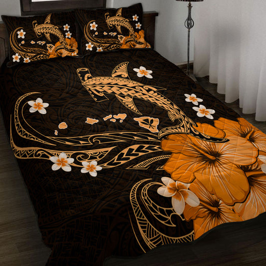 Hawaii Quilt Bed Set Kanaka Map And Shark Tribal Tattoo