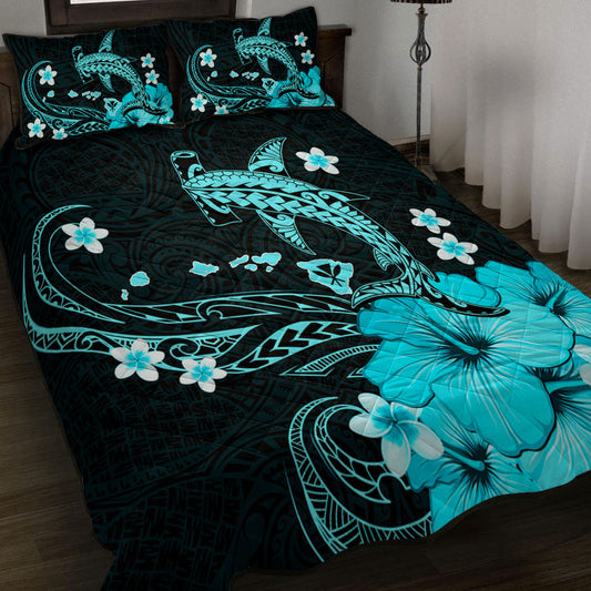 Hawaii Quilt Bed Set Kanaka Map And Shark Tribal Tattoo Turquoise