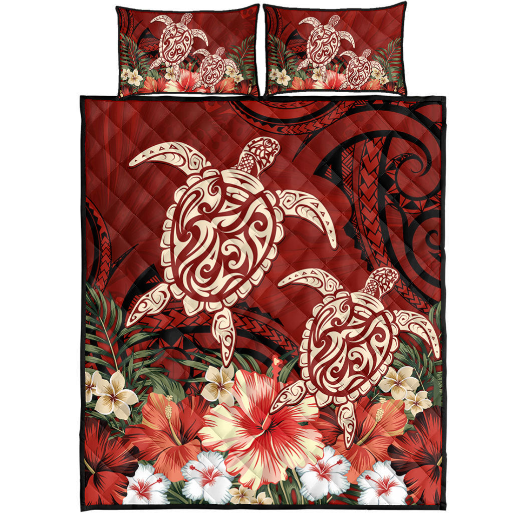 Hawaii Quilt Bed Set Polynesia Turtle Drawing Tropical Flower