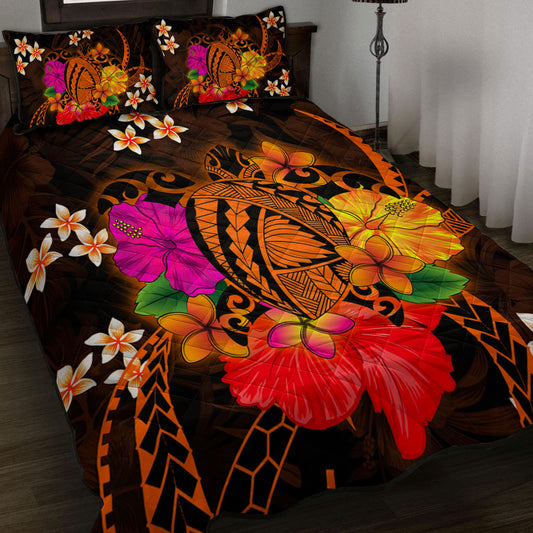 Hawaii Quilt Bed Set Polynesia Tribal Turtle Tropical Flower