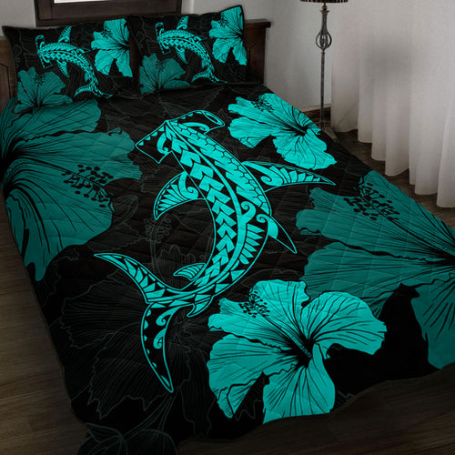 Hawaii Quilt Bed Set Hammerhead Shark Hibiscus Flower