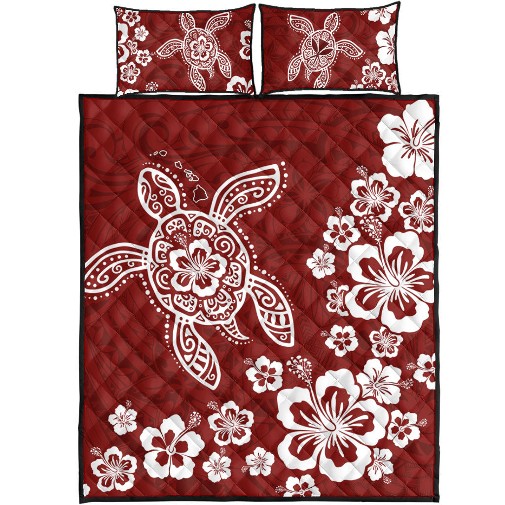 Hawaii Quilt Bed Set Tribal Hibiscus Flower Graphic Turtle Tatoo