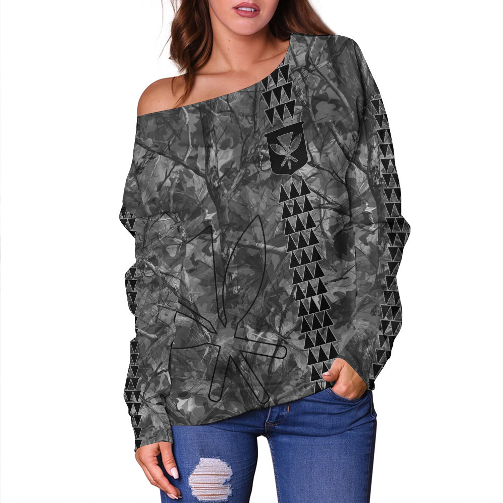 Hawaii Off Shoulder Sweatshirt Woodland Kanaka Camo Style