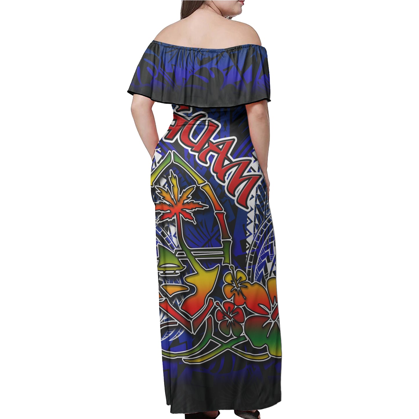 Guam Woman Off Shoulder Long Dress - Guam Independence Day '' Wish You A Very Happy Independence Day '' With Polynesian Patterns