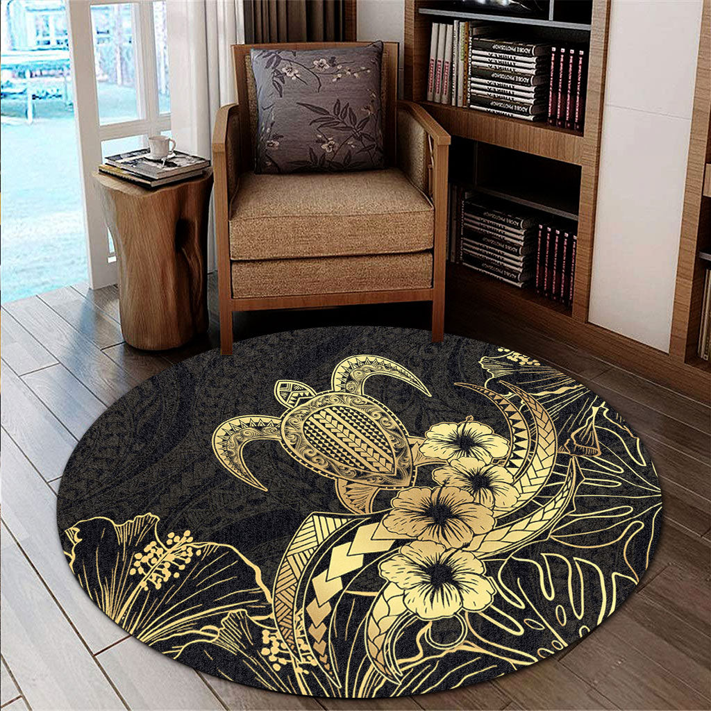 Hawaii Round Rug Tribal Polynesia Floral Gold Art